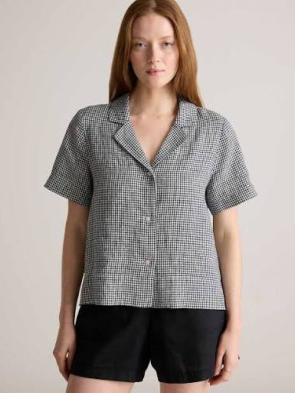 Quince Black White Mini Gingham 100% European Linen Top